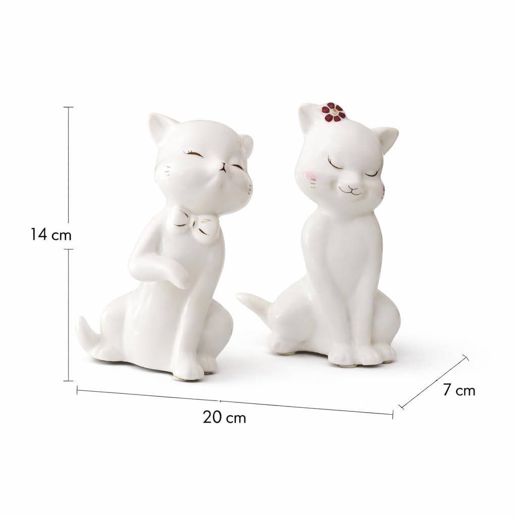 Charming Ceramic Cat Couple Figurines for Home Décor | Minimalist Cute Showpieces for Living Room, Bedroom, Shelf & Gifting (White, 14 cm, Set of 2)