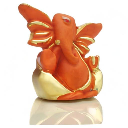 Gold Plated Red Terracotta Ganesha Statue for Car Dashboard God Ganpati Idols Home Office Decor (Size 7cm x 6cm)