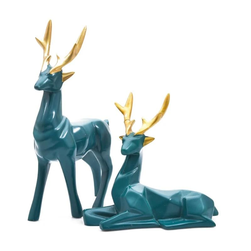 THE SACRED GIFTS Green Deer Set Handcraft Resin Animal Showpiece for Home & Office Decor | Home Decor Item| Deer/Hiran Showpiece for Home Decor(Set of 2)