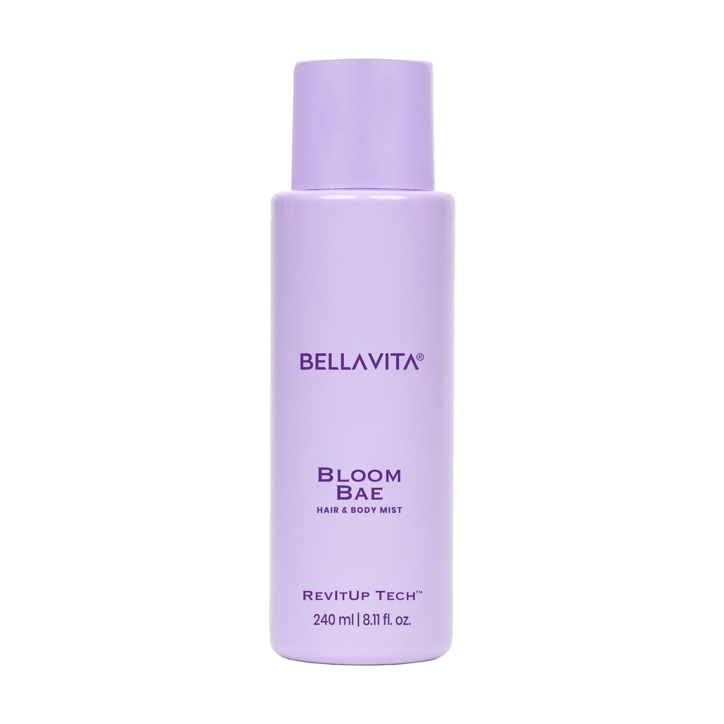 Purple bottle of Bellavita Bloom Bae hair and body mist on a white background