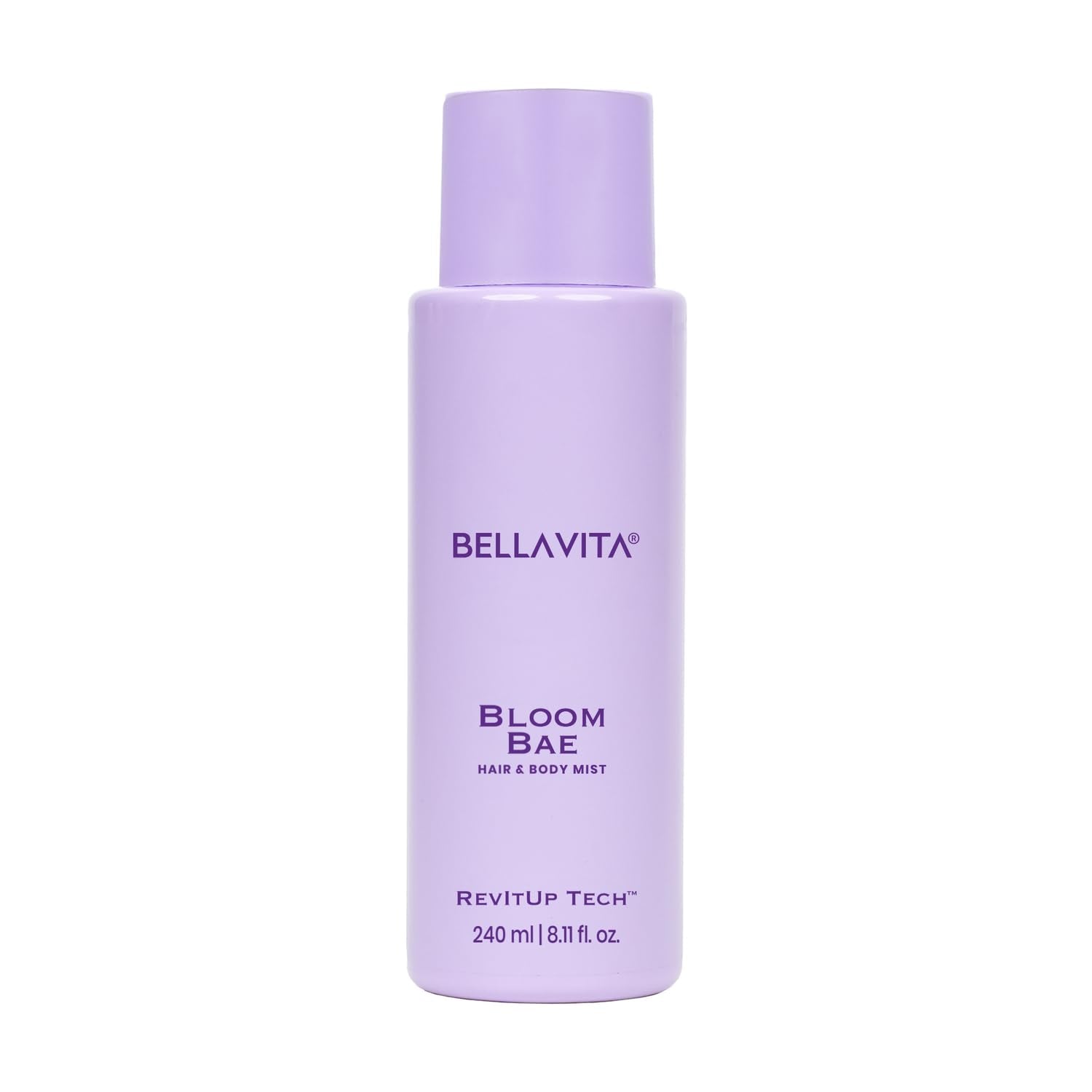 Purple bottle of Bellavita Bloom Bae hair and body mist on a white background