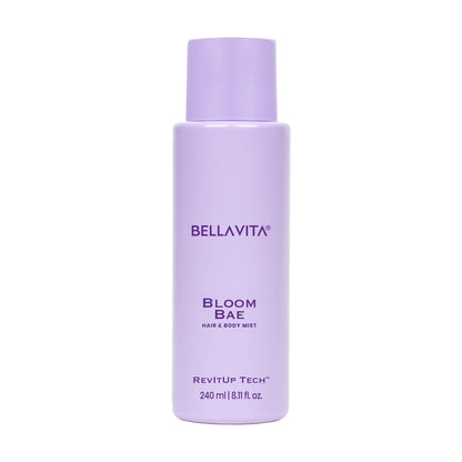 Purple bottle of Bellavita Bloom Bae hair and body mist on a white background