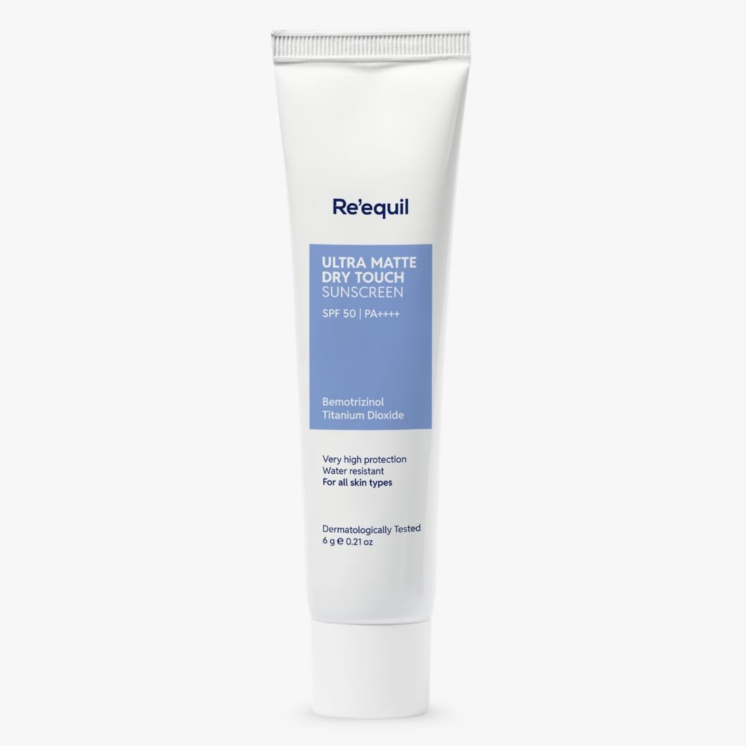 Tube of Re'equil Ultra Matte Dry Touch Sunscreen on a white background