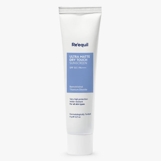 Tube of Re'equil Ultra Matte Dry Touch Sunscreen on a white background