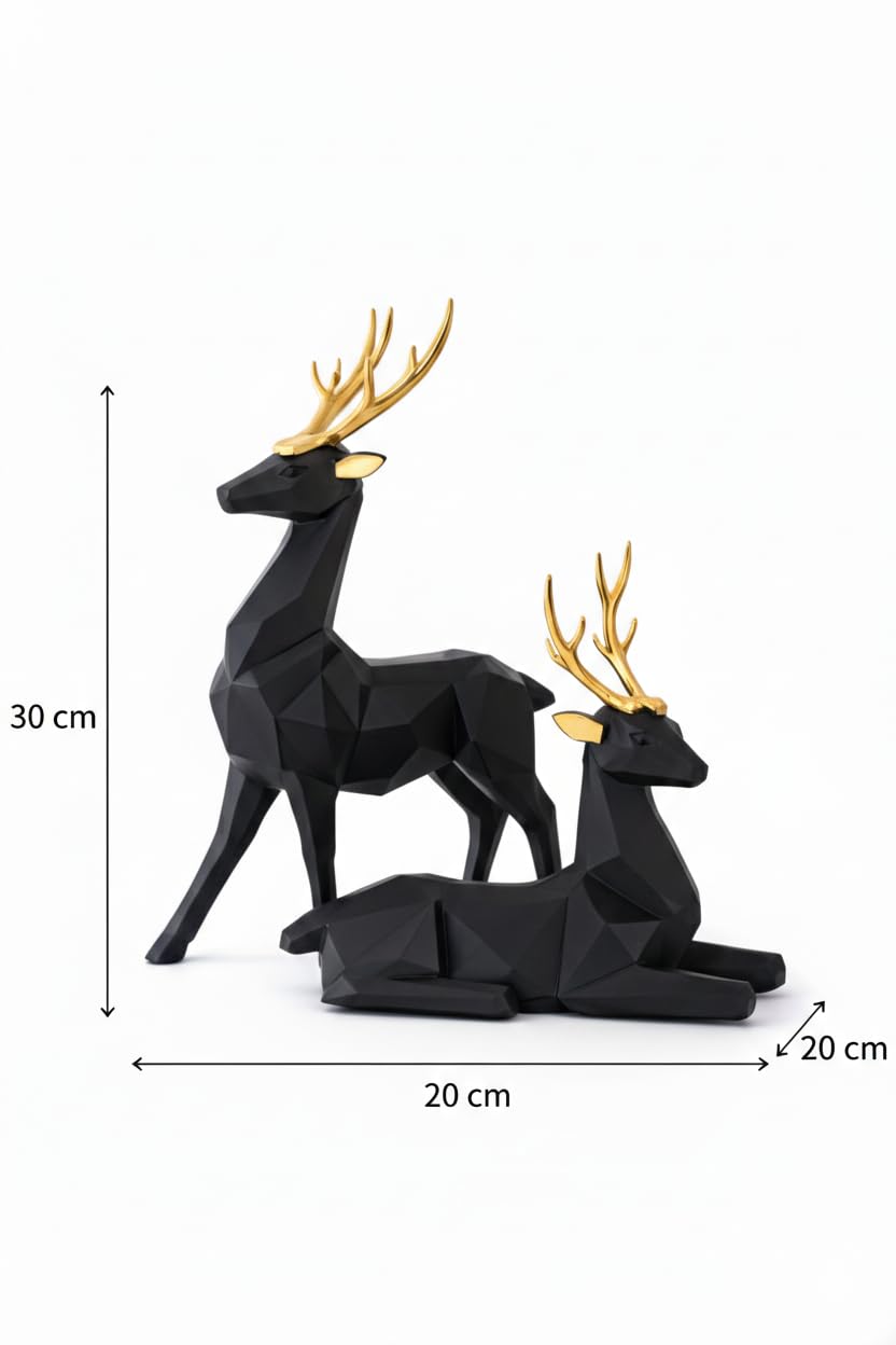 Decorative Resin Deer Figurines, Resin, 25 cm Height, Set of 2, Standing and Sitting Deer Statues Geometric Showpiece for Home Decor | Housewarming Gift (Black)
