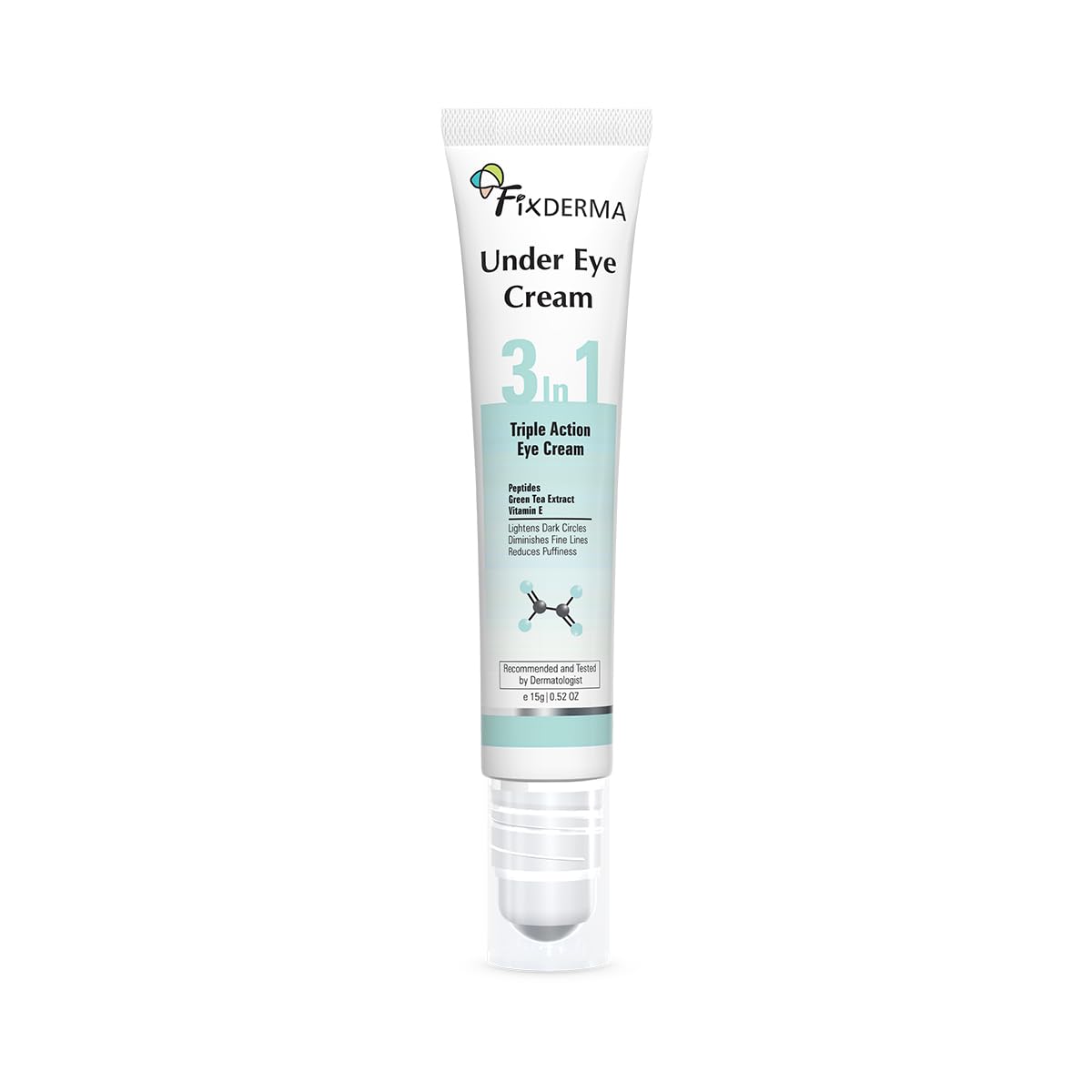 Fixderma Under Eye Cream Roll on with Peptides, Green Tea Extract & Vitamin E | Reduces Dark Circles, Puffiness, Wrinkles & Fine Lines | Triple Action | for Men & Women | 15g