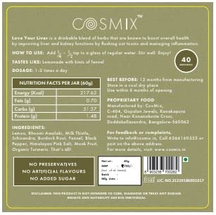 Cosmix Love Your Liver - Milk Thistle, Bhumi Amalaki & Turmeric Superfood Blend | Liver Detox Supplement | Support Liver & Kidney Health| No Preservatives, Plant Based | 60g-40 servings 40 days Pack
