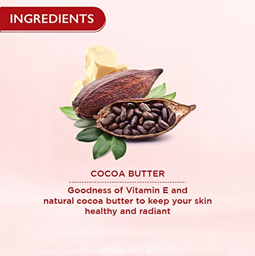 Cocoa butter with leaves on a pink background, labeled as an ingredient for skincare.