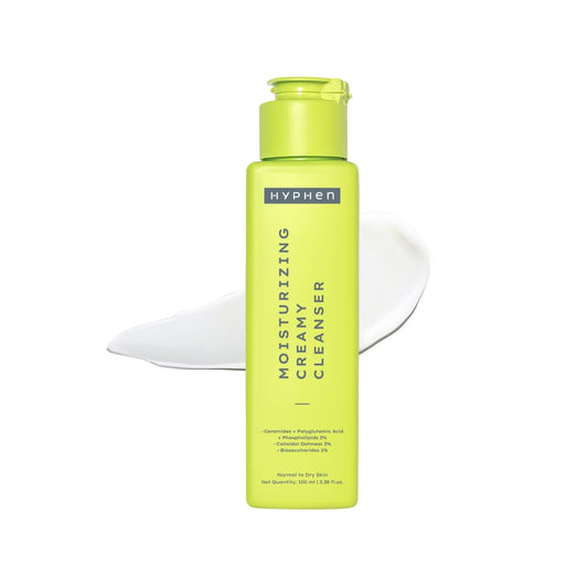Green bottle of Hyphen moisturizing cream cleanser on a white background