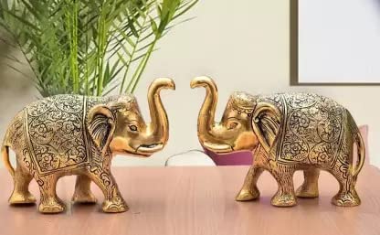 Kalakriti Metal Elephant Statue Small Size Gold Polish 2 pcs Set Enhance Your Home | Car | Office | Table | Article | Animal Decorative Showpiece Figurines for Best Gifting (15X9X4 CM), Golden