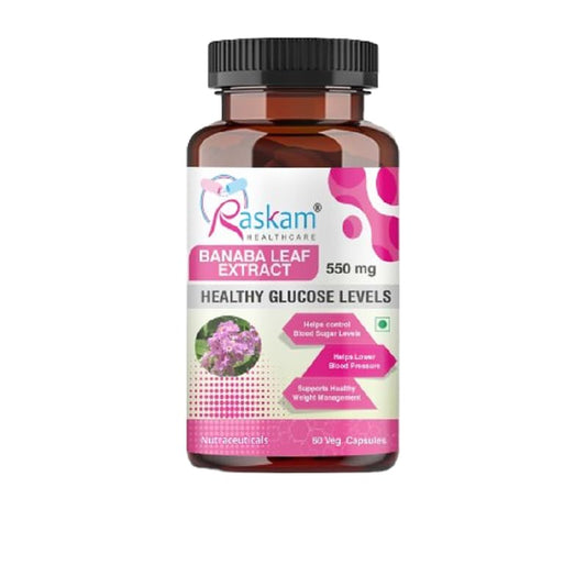 Bottle of Raskam Healthcare Banana Leaf Extract on a white background