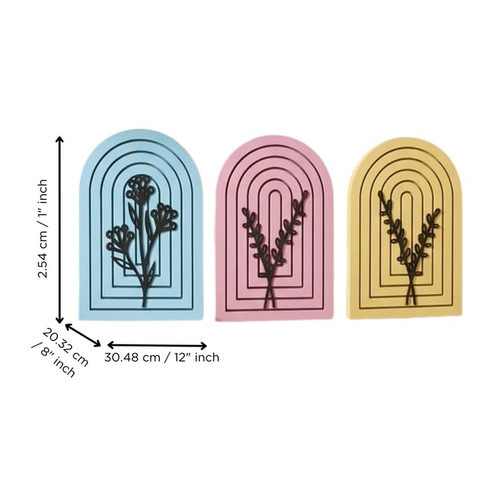 Pack of 3 Floral Wall Art with Blue Pink Yellow Wood Base Flower Cutouts Boho Decor