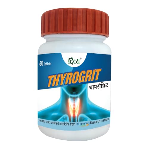 Thyrogrit supplement bottle with blue label and red cap on a white background