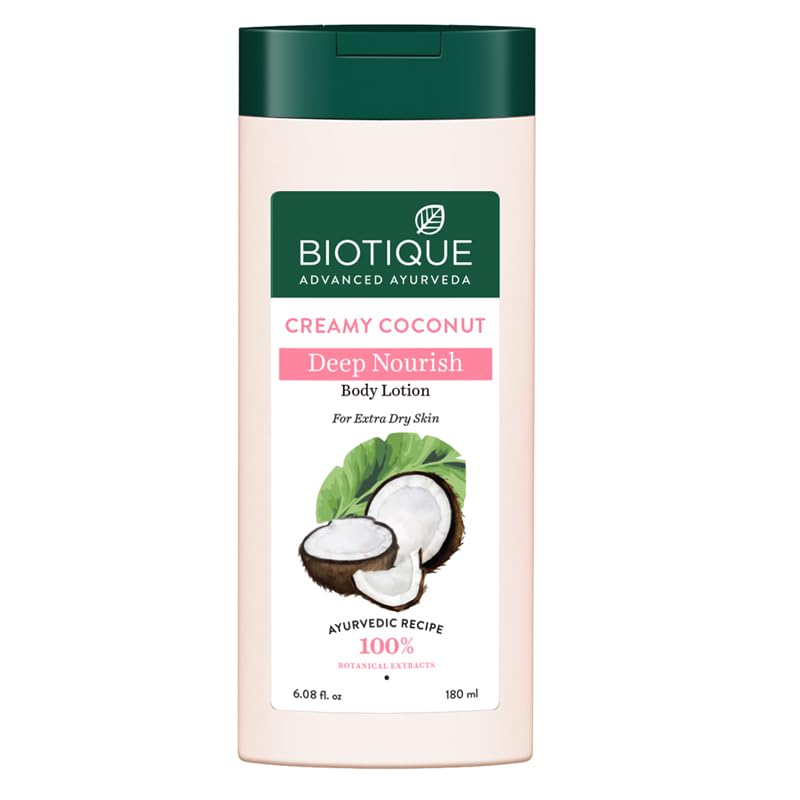 Biotique Creamy Coconut Deep Nourish Body lotion For Extra Dry Skin | Heals, Repairs, and Soothes the Skin | Moisturizing and Skin-Humidifying | 100% Botanical Extracts| All Skin Types | 180ml
