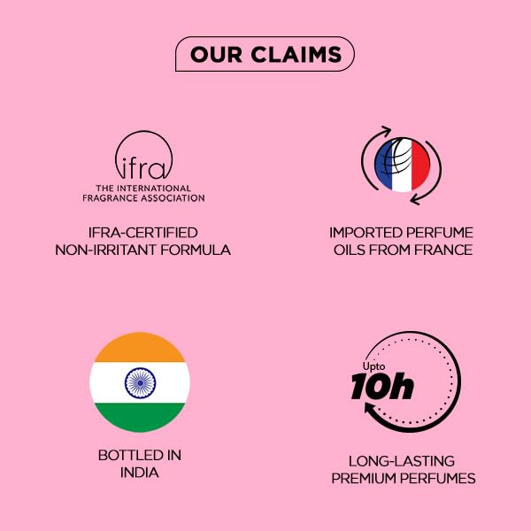 Pink background with IFRA certification, France import, India bottling, and long-lasting perfume claims.