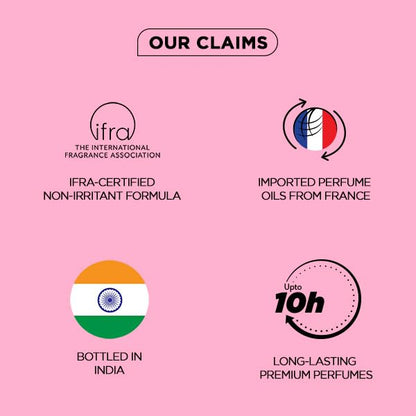 Pink background with IFRA certification, France import, India bottling, and long-lasting perfume claims.
