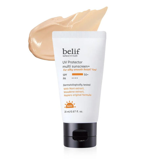 Tube of belif UV Protector multi sunscreen on a white background