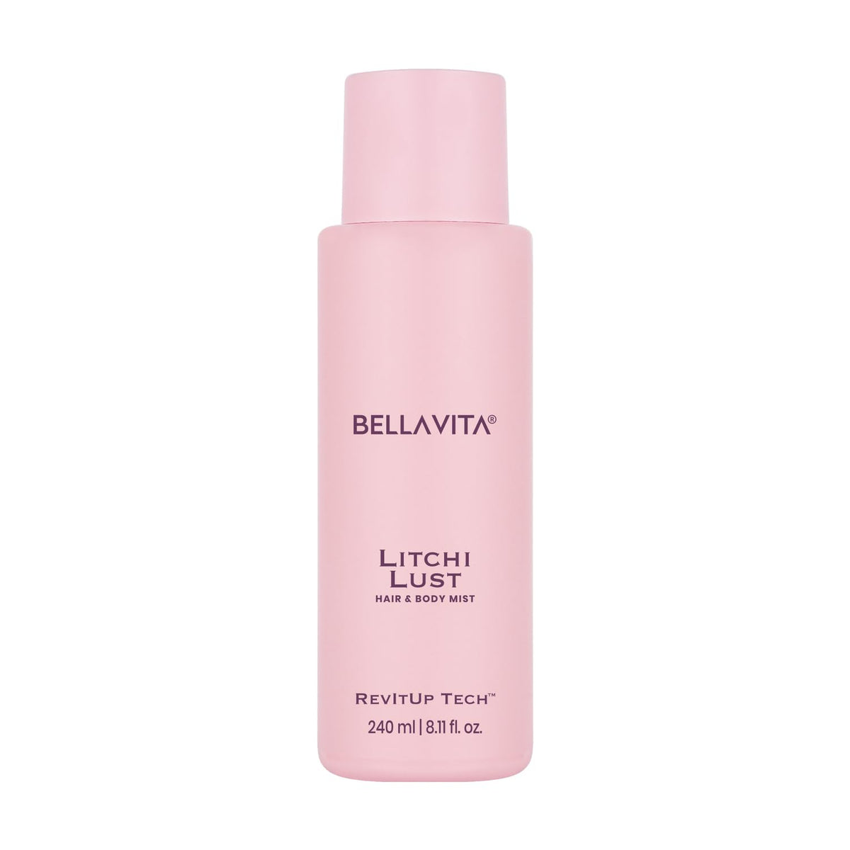Pink bottle of Bellavita Litchi Lust hair and body mist on a white background