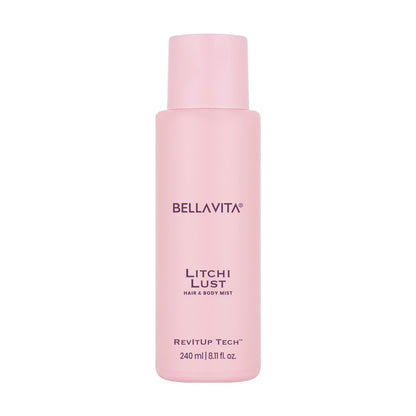 Pink bottle of Bellavita Litchi Lust hair and body mist on a white background