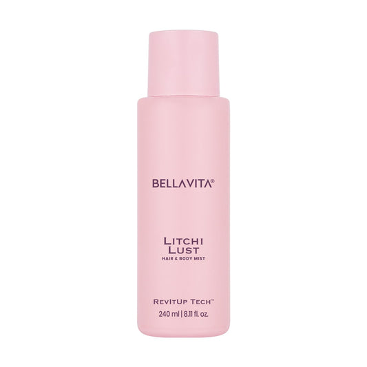 Pink bottle of Bellavita Litchi Lust hair and body mist on a white background