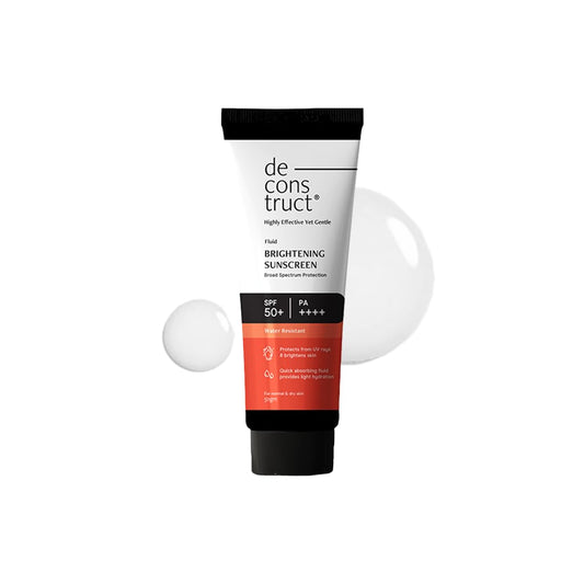 Tube of de construct brightening sunscreen on a white background