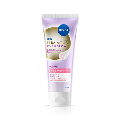 NIVEA Luminous Even Glow Bubble Cleansing Foam Face Wash | For Glowing Skin, Skin Brightening & Refined Pores | Pearl Rucinol + 6 Acid Complex | Makeup Remover | Daily Face Cleanser | 100ml