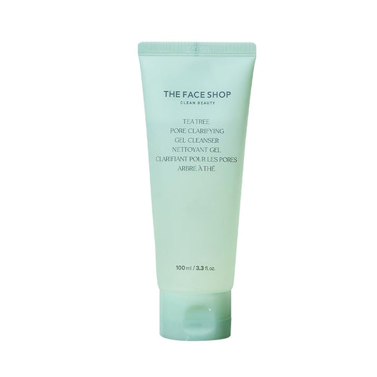 Tube of The Face Shop Teatree Pore Clarifying Gel Cleanser on a white background