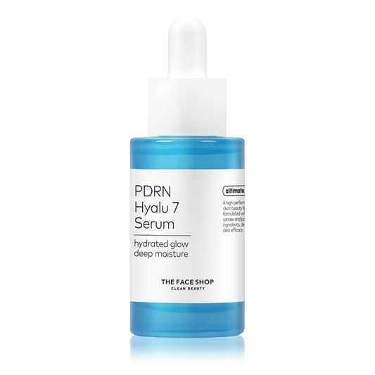 PDRN Hyalu 7 Serum bottle with blue liquid and white label on a white background