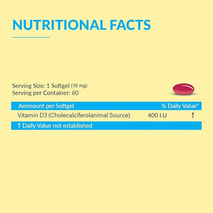 BBETTER Vitamin D3 Supplement for Immunity, Healthy Bones & Strong Muscles - 60 softgels of Vitamin D (Cholecalciferol) with the recommended daily dosage of 400IU