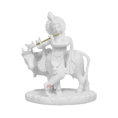 Handicrafts Paradise Carved in Resin Krishna with Cow - 5.5 Inch