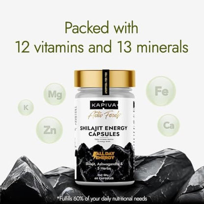 Kapiva Shilajit/Shilajeet Energy 60 Capsules | Made with 100% Pure Shilajit | For All Day Energy & Stamina | With Ashwagandha,Gokshura | Contains 12 Vitamins & 13 Minerals