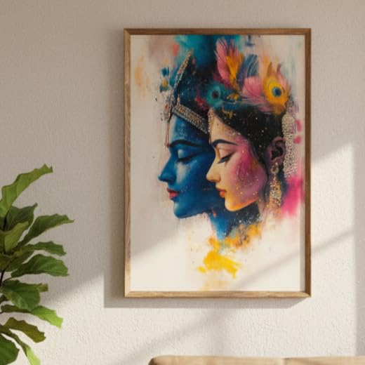 Radha Krishna Modern Art Wall Painting with Wooden Frame | Spiritual Love Artwork HD UV Laminated MDF Wall Decor | Hindu God Radha Krishna Portrait for Living Room Bedroom Decor