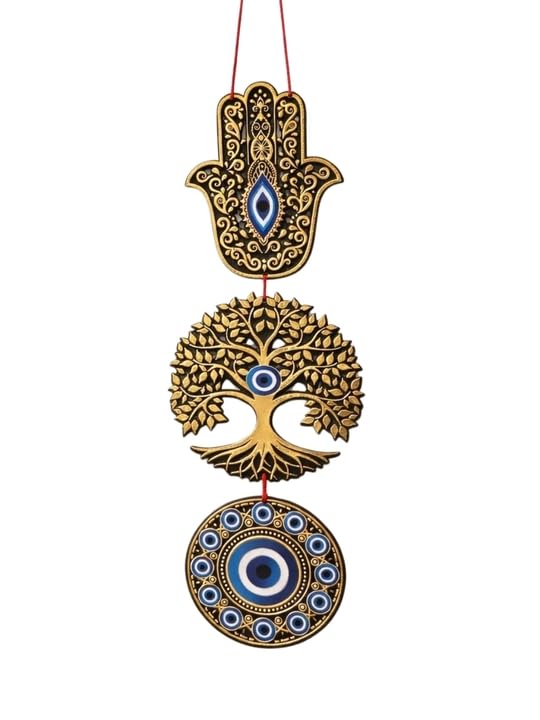 eCraftIndia Wooden Evil Eye Hamsa Hand Nazar Battu Wall Hanging for Home Office