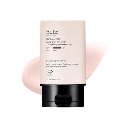 Belif UV Protector tone-up sunscreen with pink packaging on a white background