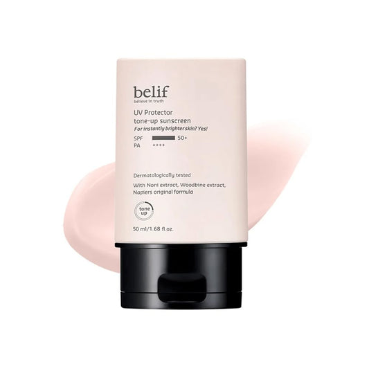 Belif UV Protector tone-up sunscreen with pink packaging on a white background
