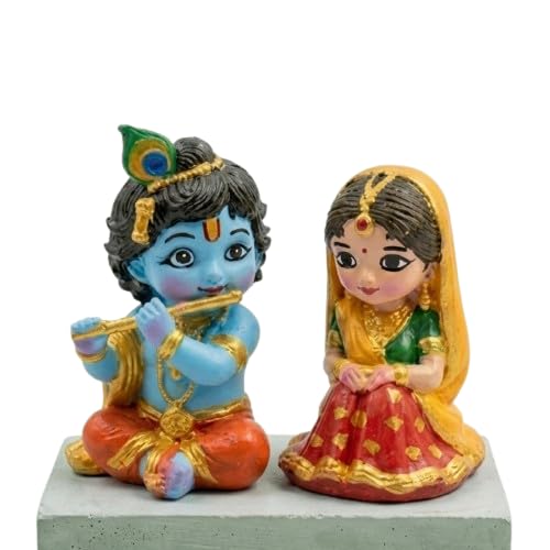 DOOR BIG Miniature Radha Krishna Pair Showpiece - Small Resin Cute Bal Gopal and Radha Rani Doll Set for Living Room Decoration, Janmashtami Decor, Navratri Golu & Wedding Return Gifts
