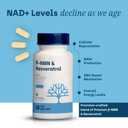 The Oak Age NMN with Resveratrol Supplement- 500mg NMN for Longevity– NAD Supplement to Support Energy Production, Cellular Rejuvenation & Healthy Ageing– No Additives, Preservatives