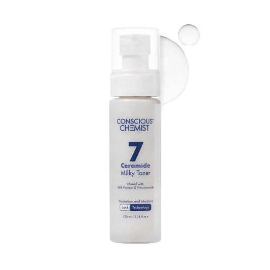 Skincare bottle labeled 'Conscious Chemist' on a white background