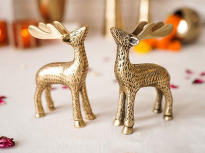 BEHOMA Antique Golden Metal Christmas Reindeer Figurine - 2 Pcs