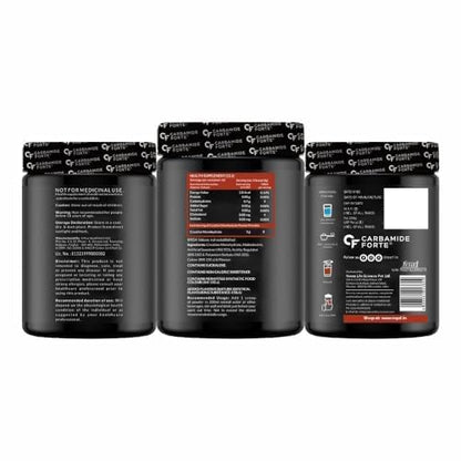 Three black containers of Carbamide Forte on a white background