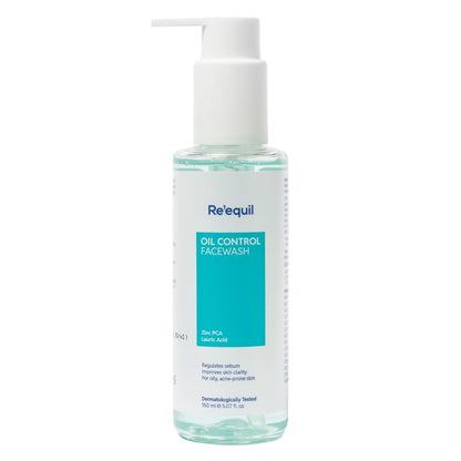 Re'equil oil control facewash bottle with pump on a white background