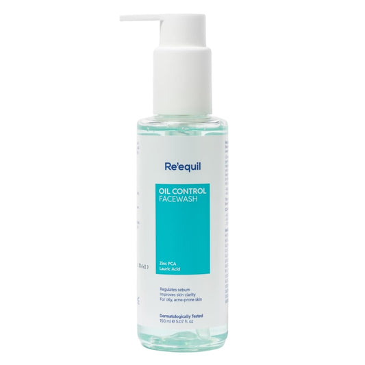 Re'equil oil control facewash bottle with pump on a white background