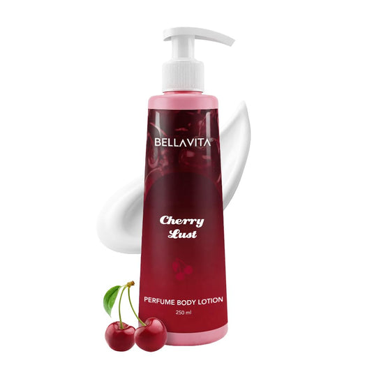 Red bottle of Bellavita Cherry Lust perfume body lotion with pump on a white background