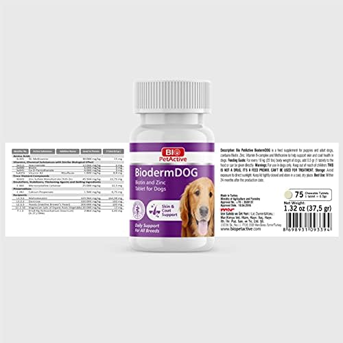 Bio PetActive Biodermdog Biotin and Zinc Tablet for Dogs 0,5 g 75 Tablets Helps in Support Gut Health & Maintain Healthy Skin Condition
