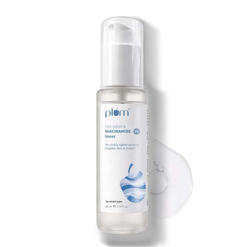 Plum 3% Niacinamide & Rice Water Face Toner | With Rice Ferment Extract | Alcohol-Free Toner | Tightens pores, Brightens Skin | Smoothens Skin | Fragrance-Free | 80 ml