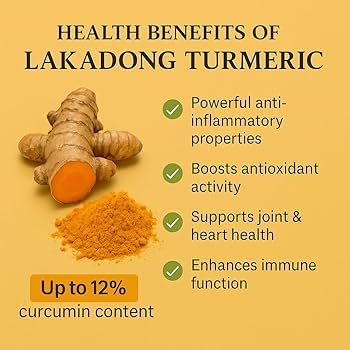 Lakadong turmeric with health benefits listed on a yellow background