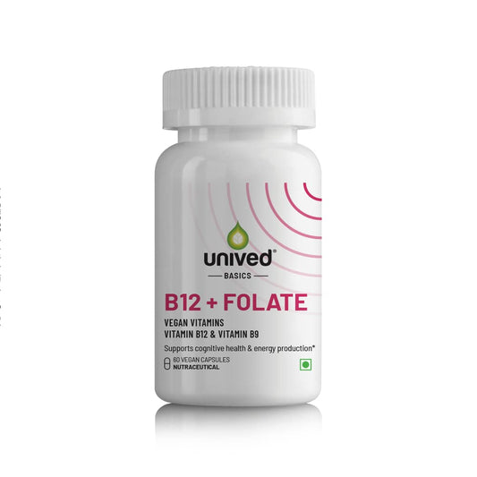 Zephivo Unived Basics B12+Folate | Vitamin B12 (Methylcobalamin) with 5-MTHF BioAvailable Folate | Essential for Vegan & Vegetarians | 60 Vegan Capsules
