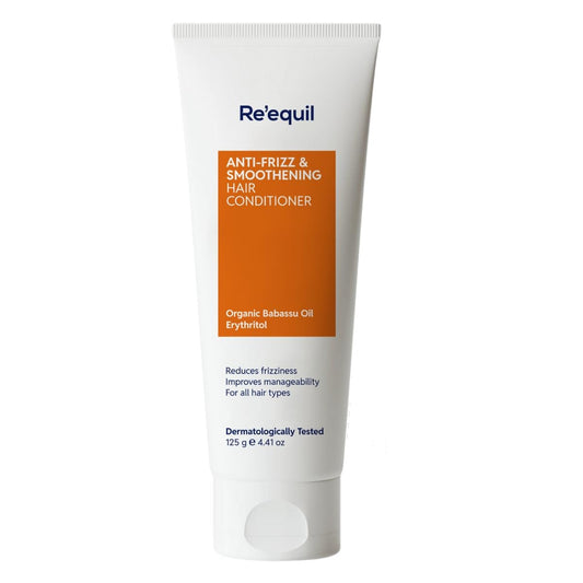 Re'equil anti-frizz and smoothening hair conditioner tube on a white background