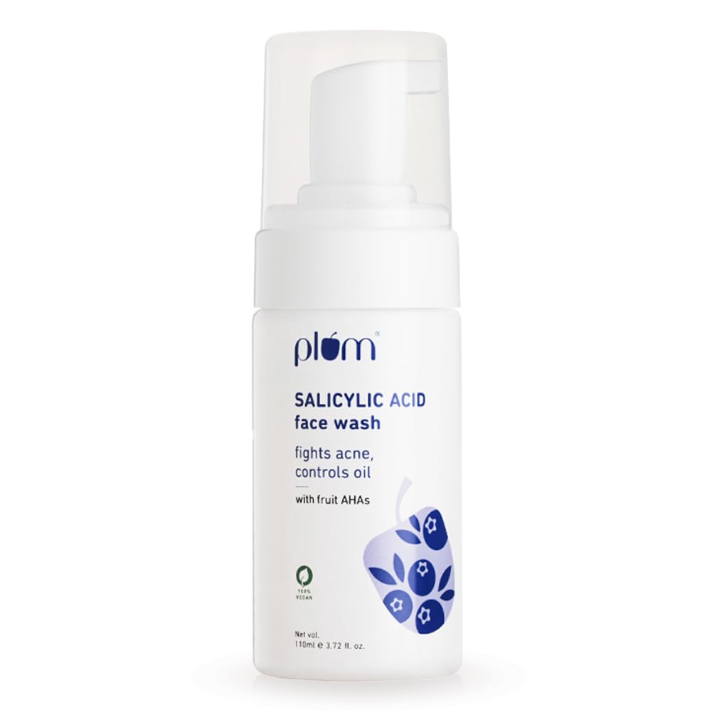 Plum 1% Encapsulated Salicylic Acid Foaming Face Wash | Fights Active Acne, controls oil & deep cleanses pores | with Glycolic Acid & Fruit AHAs | All Skin Types | Face Cleanser for Women & Men | 110ml