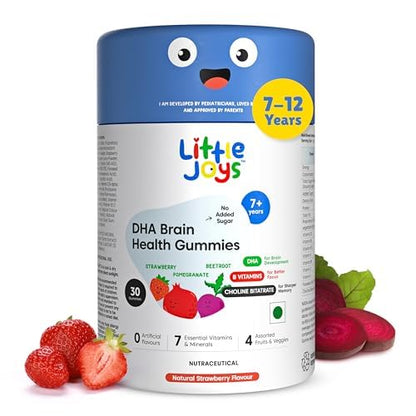 Little Joys DHA Brain Health Gummies For Kids | 7-12 years | 30 Day Pack | Improved Concentration, Mood & Sleep | Packed With 8 Vitamins & Minerals | Multivitamin Gummies For Kids With No Added Sugar